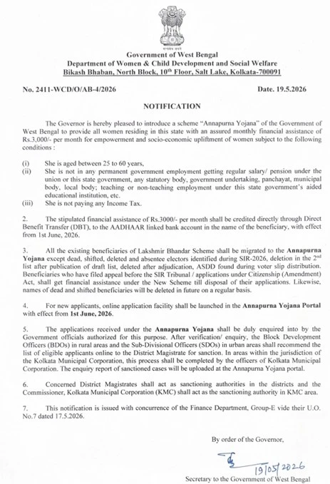 West Bengal Annapurna Yojana Notification 2026